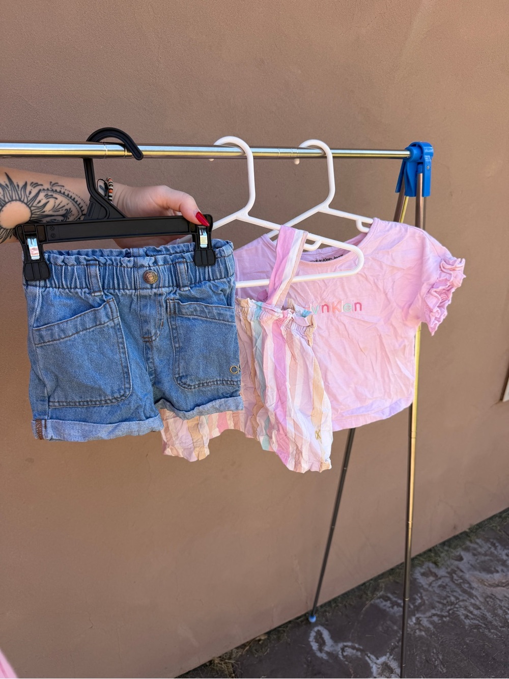 Calvin Klein Set - Pastel Pink Logo Tee & Striped Tank & Denim Shorts